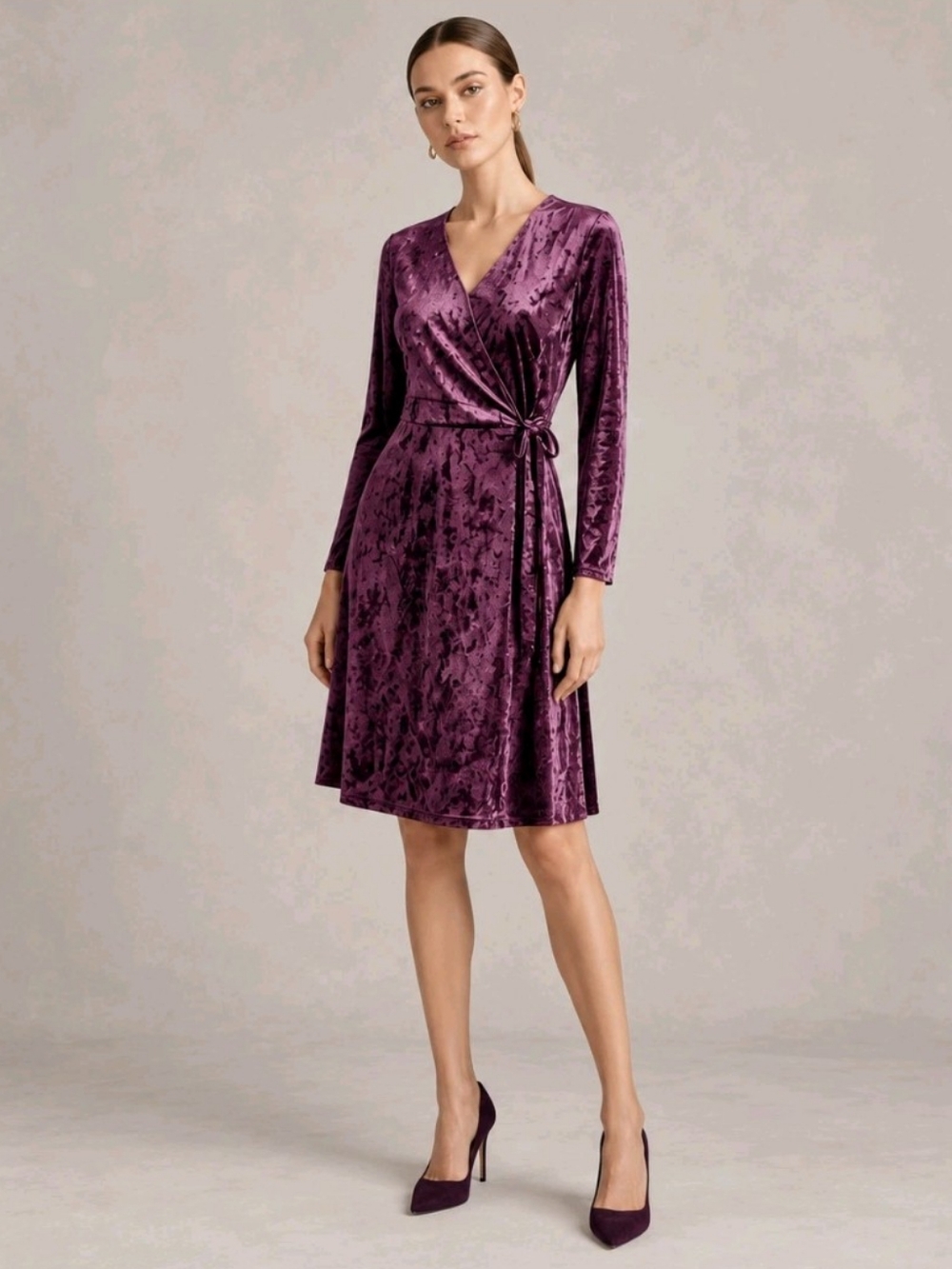 H by Halston Purple Crushed Velvet Faux Wrap Tie Waist Dress XL Whimsigoth